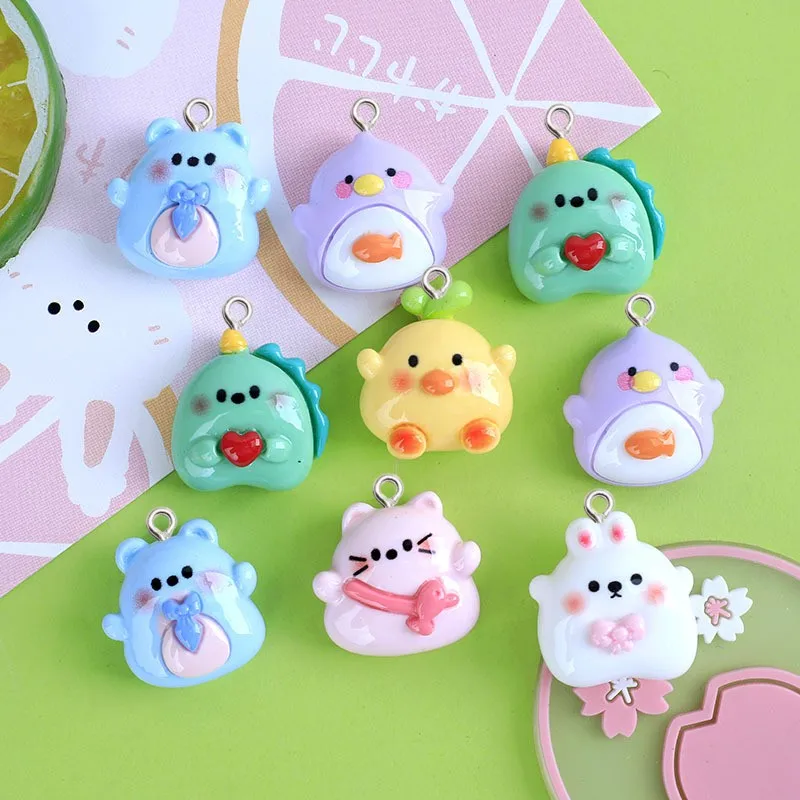 

10Pcs Glossy Catoon Animal Resin Charms Cute Rabbit Cat Duck Craft Pendant Kawaii Keychain Phone Art Decorate DIY Jewelry Making