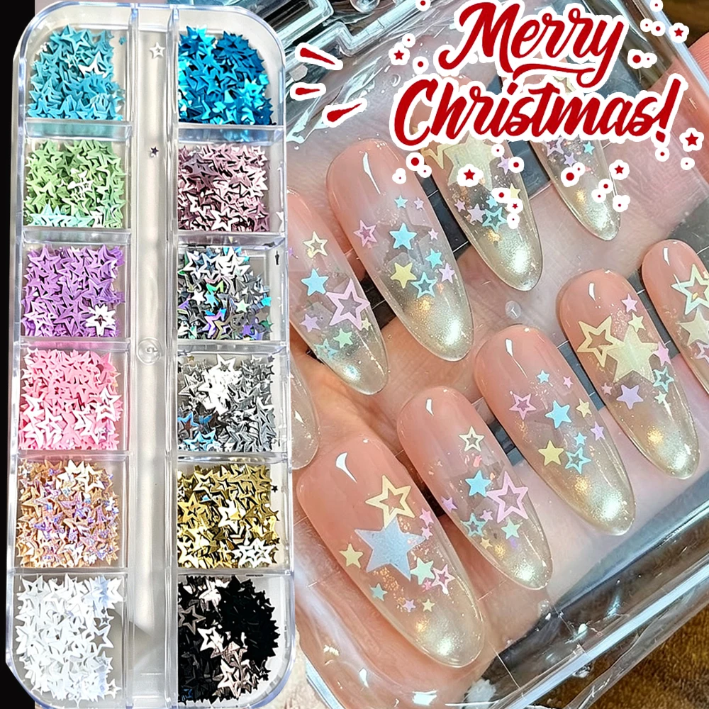12Grids Christmas Multicolor Hollow-Pentagram Nail Decoration Sequins Mixed‑Size Laser Shinying Pentagram Xmas Manicure Flakes