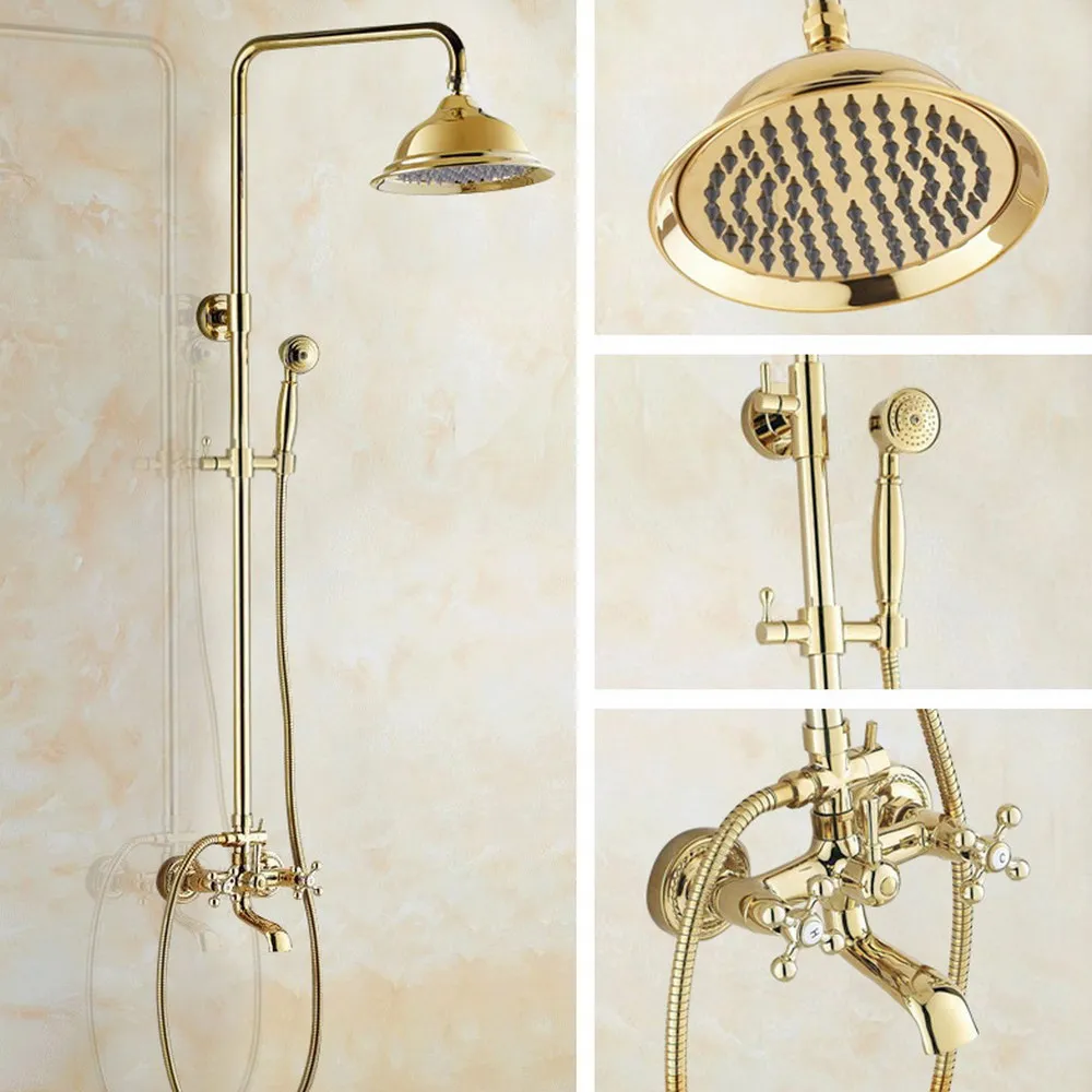 

Luxury Gold Shower Faucets Set Brass Rainfall Shower Mixer Tap Swivel Tub Spout Bathroom Shower Faucet