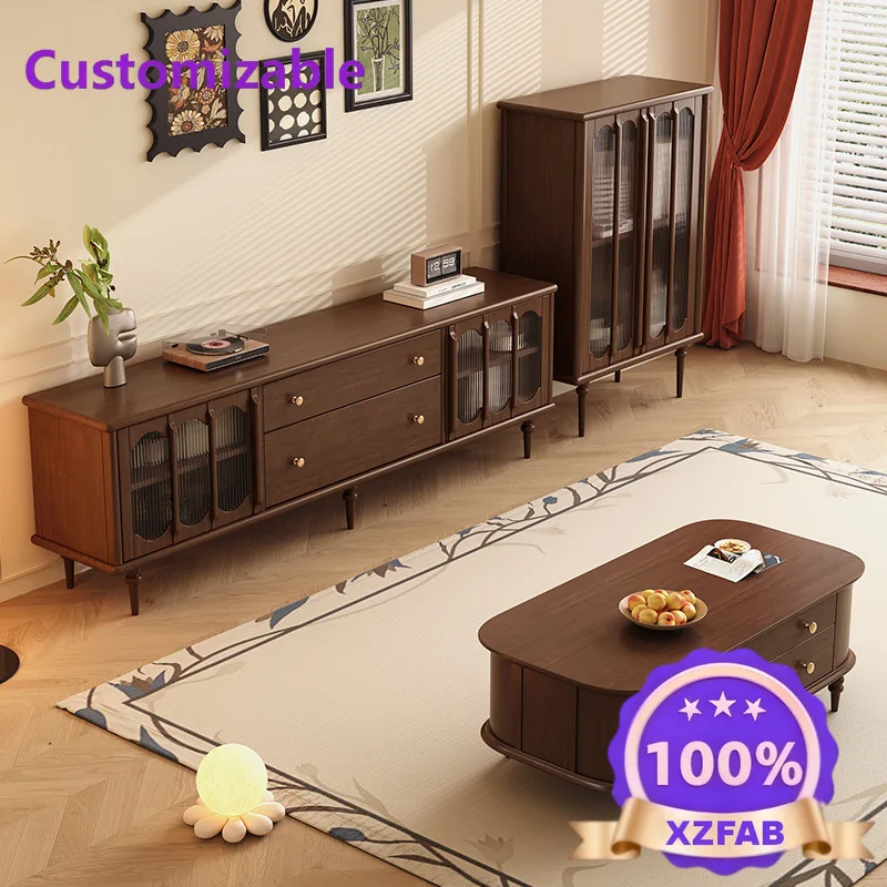 Factory Direct 2026 Medieval style glass cabinet door solid wood audio-visual cabinet American designer living room wall storage