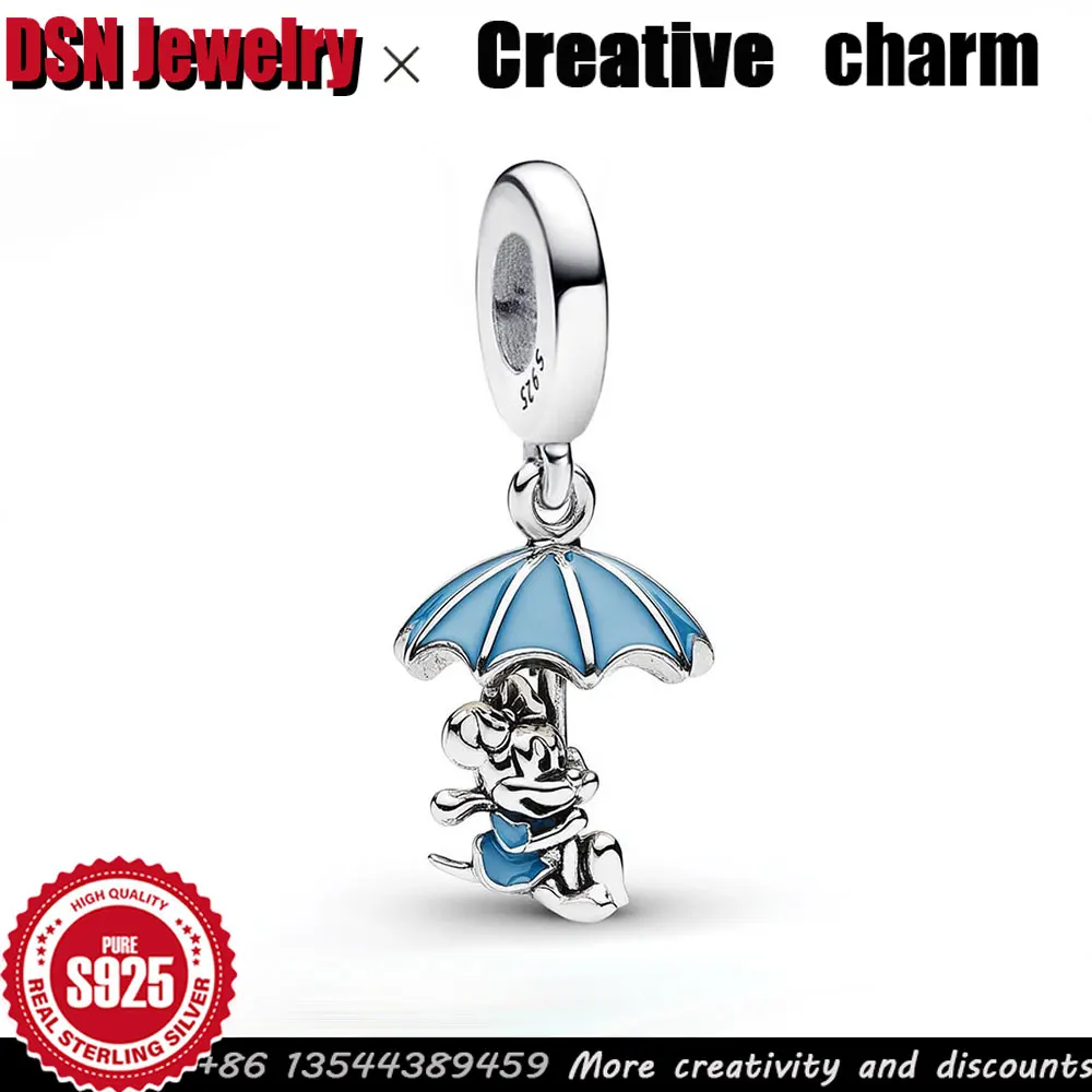 

Customizable pendant 925 Sterling Silver Disney Charm Mickey Umbrella Blue Enamel Original DIY Engravable Jewelry accessories