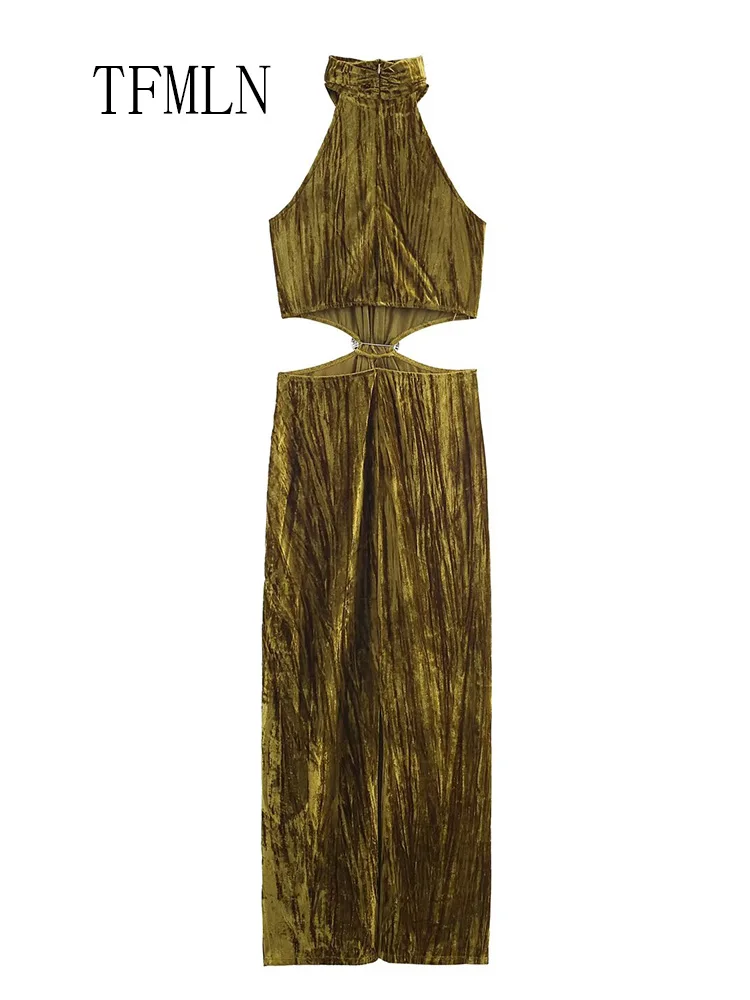 TFMLN أنيقة المرأة الرسن طوق فستان طويل 2026 موضة جديدة بلا أكمام الجوف خارج سليم فستان الحفلات مثير سيدة تاريخ فستان سهرة
