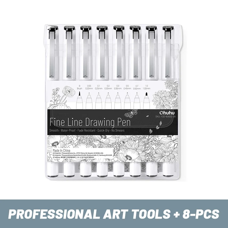 Ohuhu Micro Pen Fineliner Drawing Pens 8 Pack Line Pens Art Colored Pens Fine Point Markers Waterproof Writing Sketching Manga