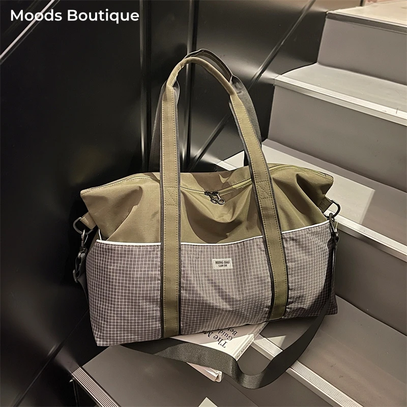 

Urban Outdoor Commuter Bags For Women Nylon Fabric Plaid Pattern Multi-pockets Big Capacity Shopper Shoulder Tote For Travelling