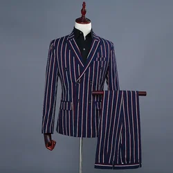Suits Men Singer Stage Show Groom Suit Dress Mens Casual Prom for Blue Stripes Slim Fit Clothing Two Piece Set Coat Pants