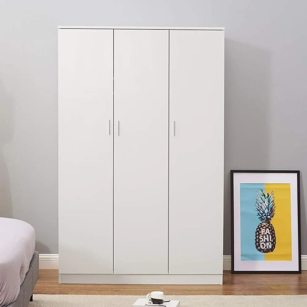 3 Door Armoires Wardrobe Closet with Clothes Hanging Rail, 6 Storage Shelves Cupboard Unit Bedroom Furniture