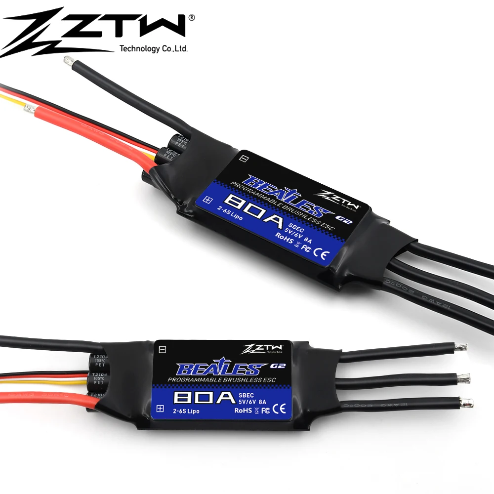 ZTW Beatles G2 20A 30A 40A 50A 60A 80A 100A 2-4S/ 2-6S 32-bit Brushless Speed Controller With 5.5V/4A 5.6V/8A SBEC For Airplane