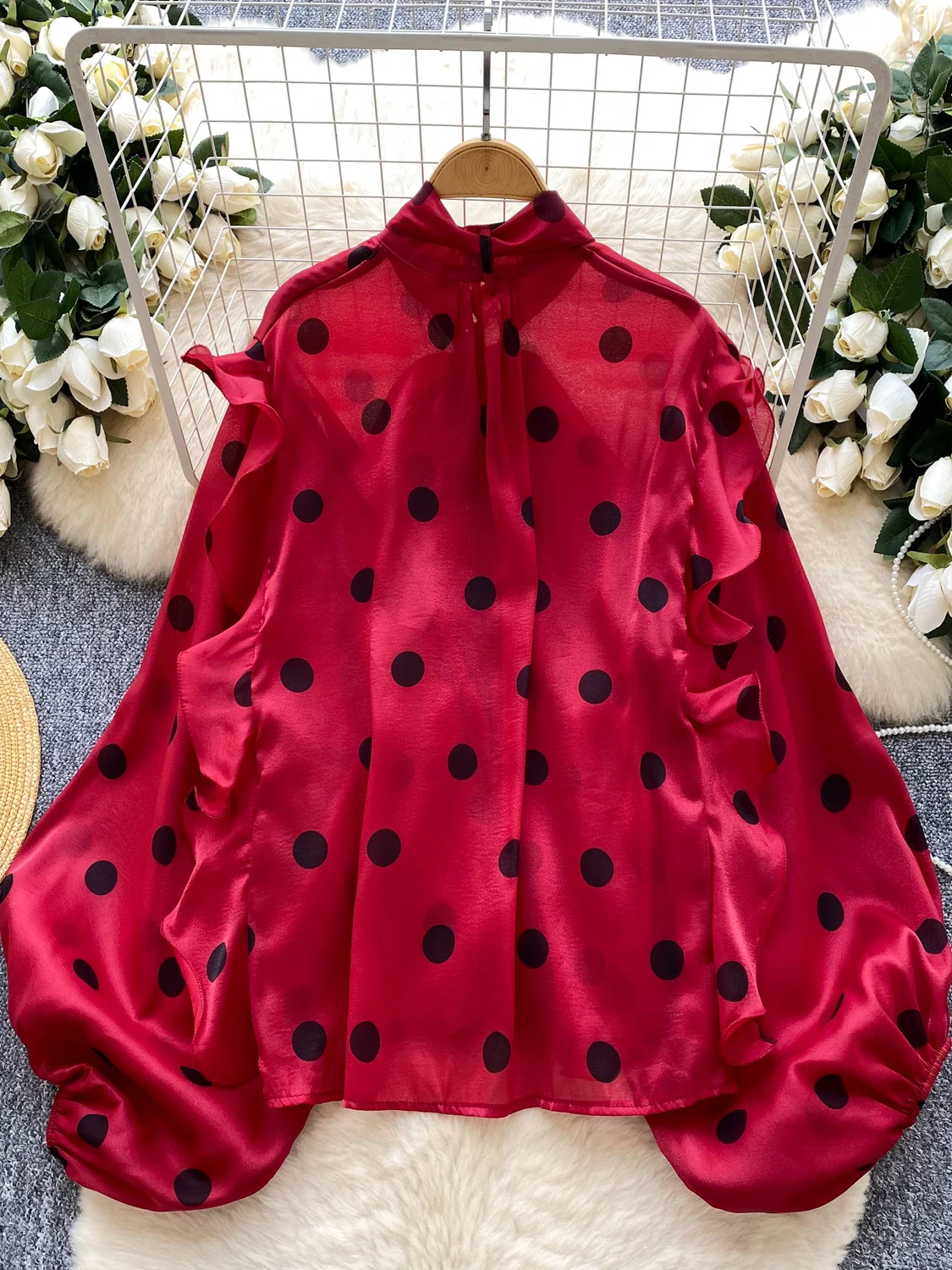 Casual Loose Polka Dot irt Women's Korean Sle  Knot Lantern Sve Me Top Flowing Light Summer Commute Faion