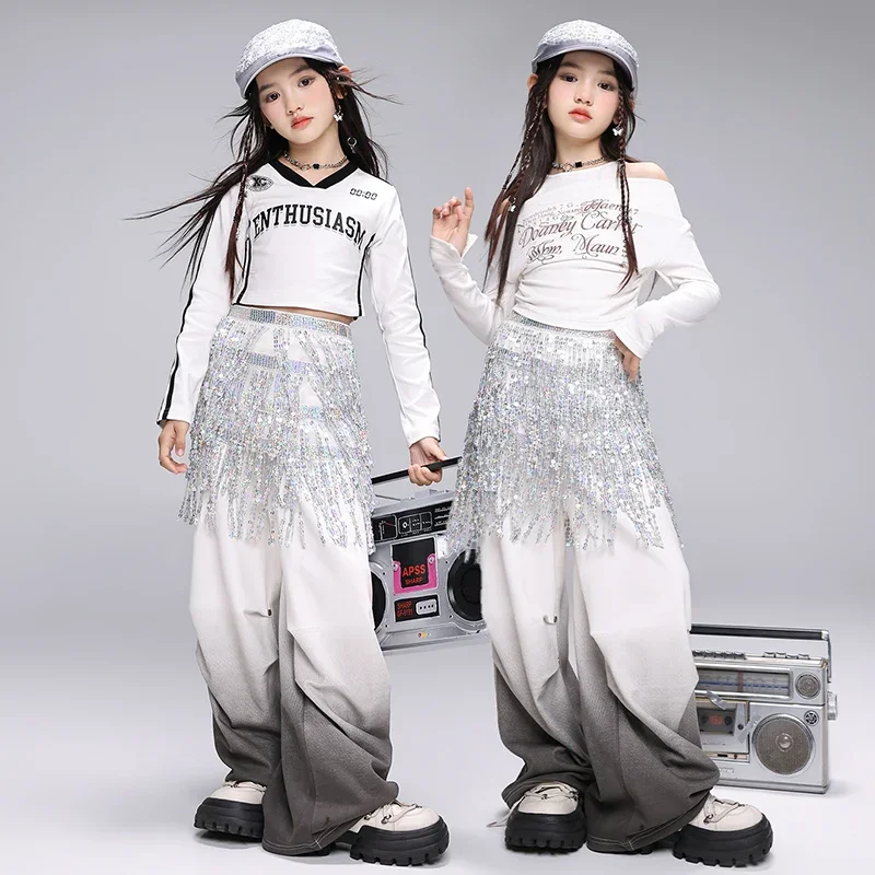 女の子 K-ポップクロップトップスパンコールジョガーパンツガールグループ服セット子供ジャズストリートダンス衣装子供ヒップホップストリート