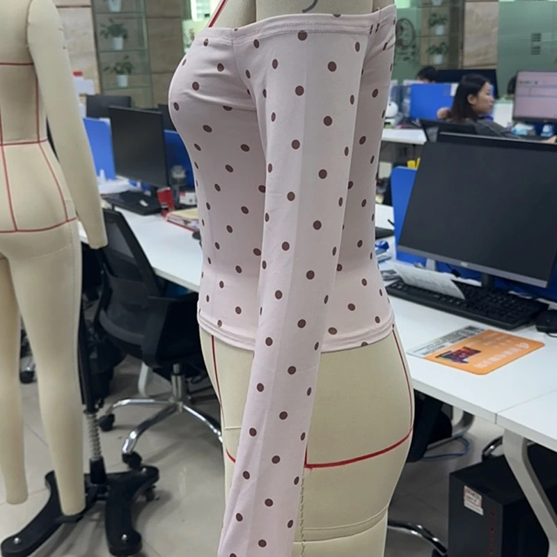 

Women’s Off Shoulder Long Sleeve Crop Top Pink Polka Dot Slim Fitted Fashion Casual Party Tops for Women Stylish Autumn Tops