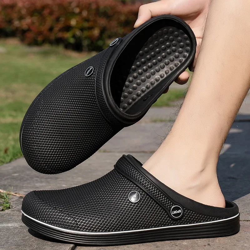 Large Size Men's Sandals Anti-Slip Summer Outdoor Thick Bottom Chef Two-Way Wear Head Cover Slippers Trendy Casual Slip-On Shoes