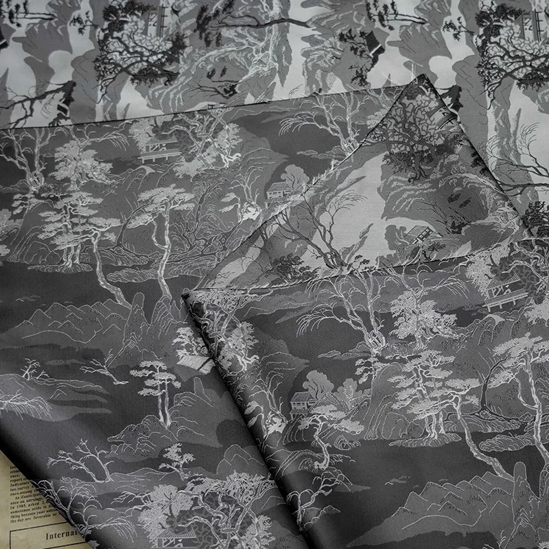 Stile cinese Nero Grigio Modello di montagna Tessuto jacquard tinto in filo Abito antico Cheongsam Tessuto da cucito fai da te