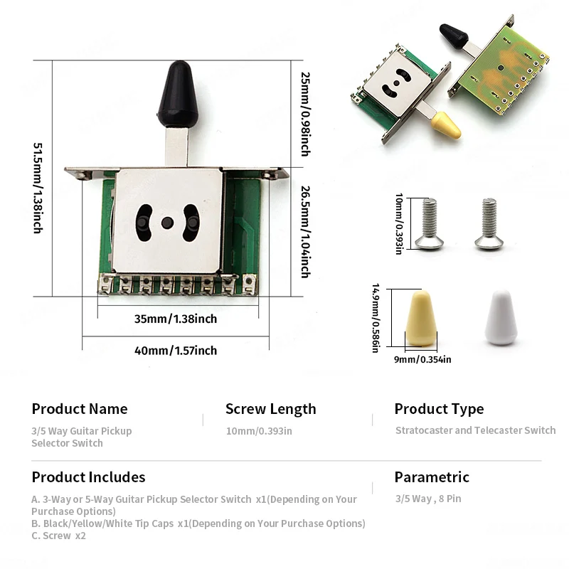 3/5Way Guitar Pickup Selector Switch 8-Pin Fits St Guitar Blade Switch Black/Yellow/White Tip Caps