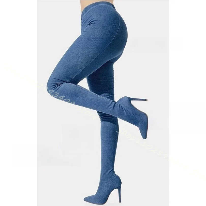 Demin Pointed Toe Pants Boots Solid Stiletto High Heels Sexy Women Autumn British Style Elastic Boots 2023 Zapatos Para Mujere