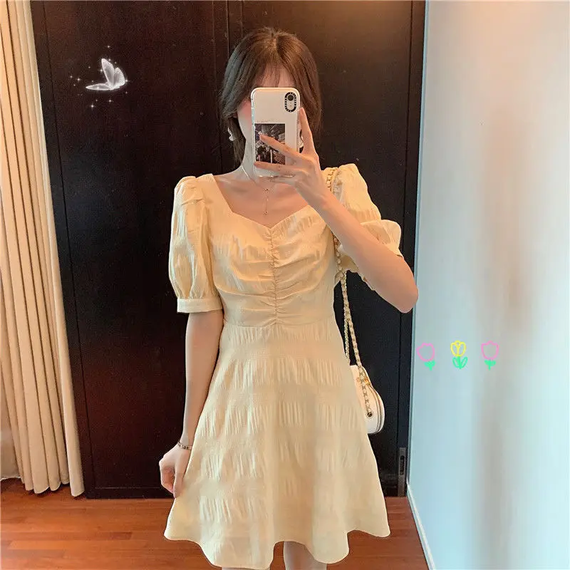 Yellow Retro Dress Women Mini Dress Street Sexy Dress Korean Fashion Casual Vintage Dresses Y2k Top Clothes