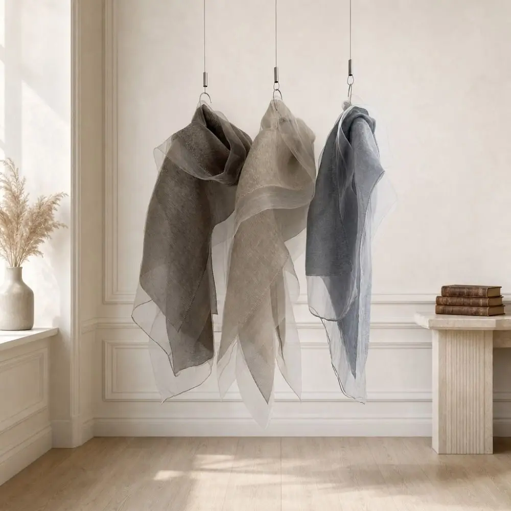 Eleganter, einfarbiger Seidenschal, langer, dünner, warmer Schal, doppellagiger Organza-Wickelschal für Damen – Detail 6