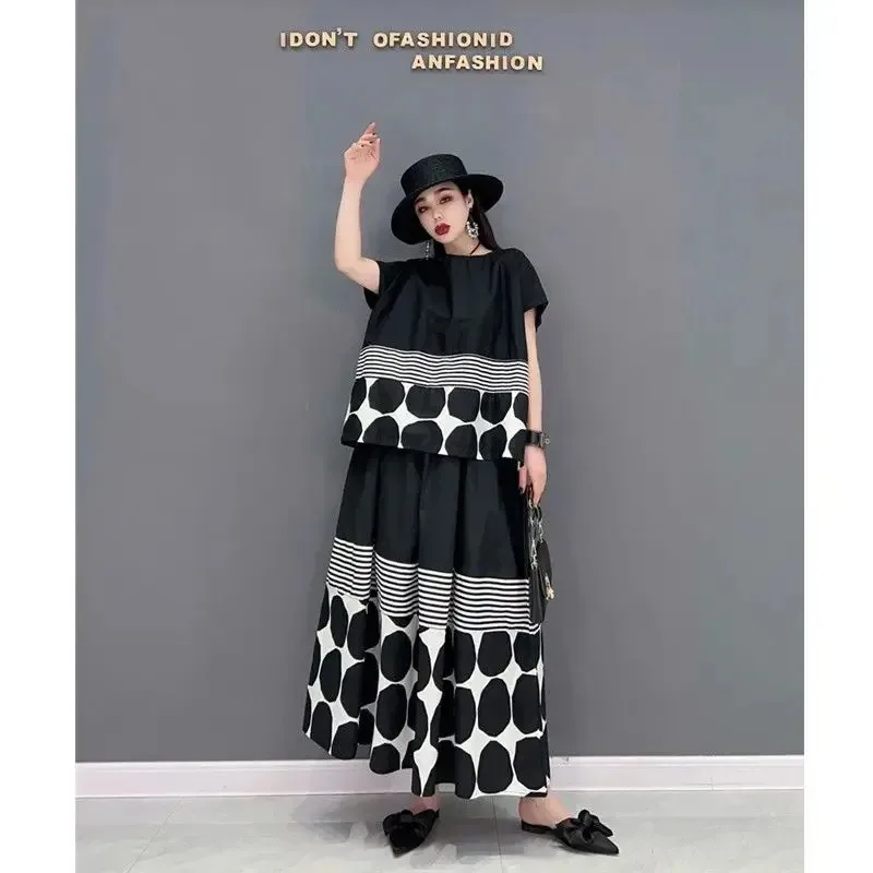 

2025 Summer Women New Fashion Set Casual Polka Top Loose Half Skirt Two Piece Casual Fashion Elegant Women New Summer Suit M436