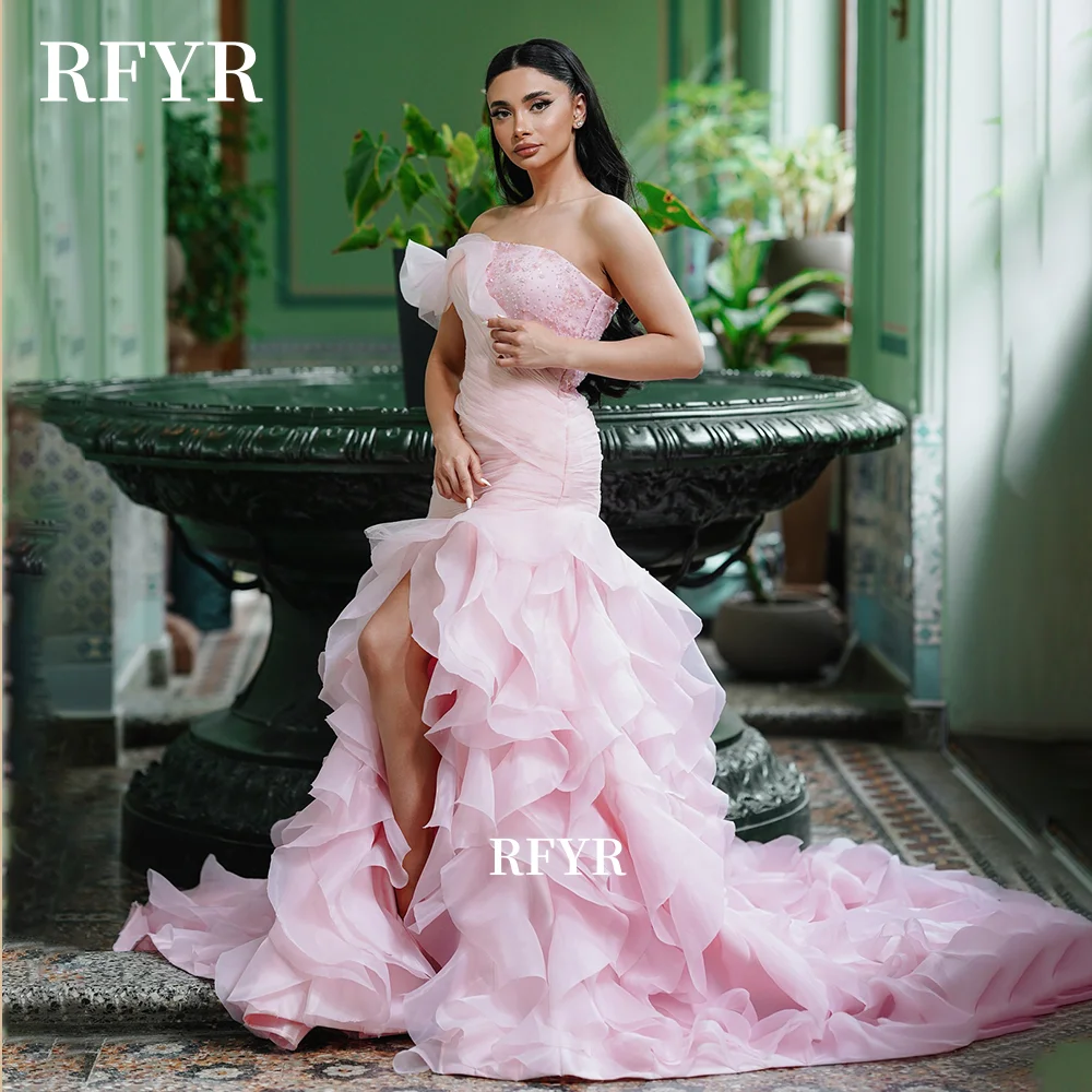 

RFYR Pink Evening Dress Off Shoulder Prom Dress with Rulffles Princess Dress Elegant Fairy Dress فساتين مناسبة رس