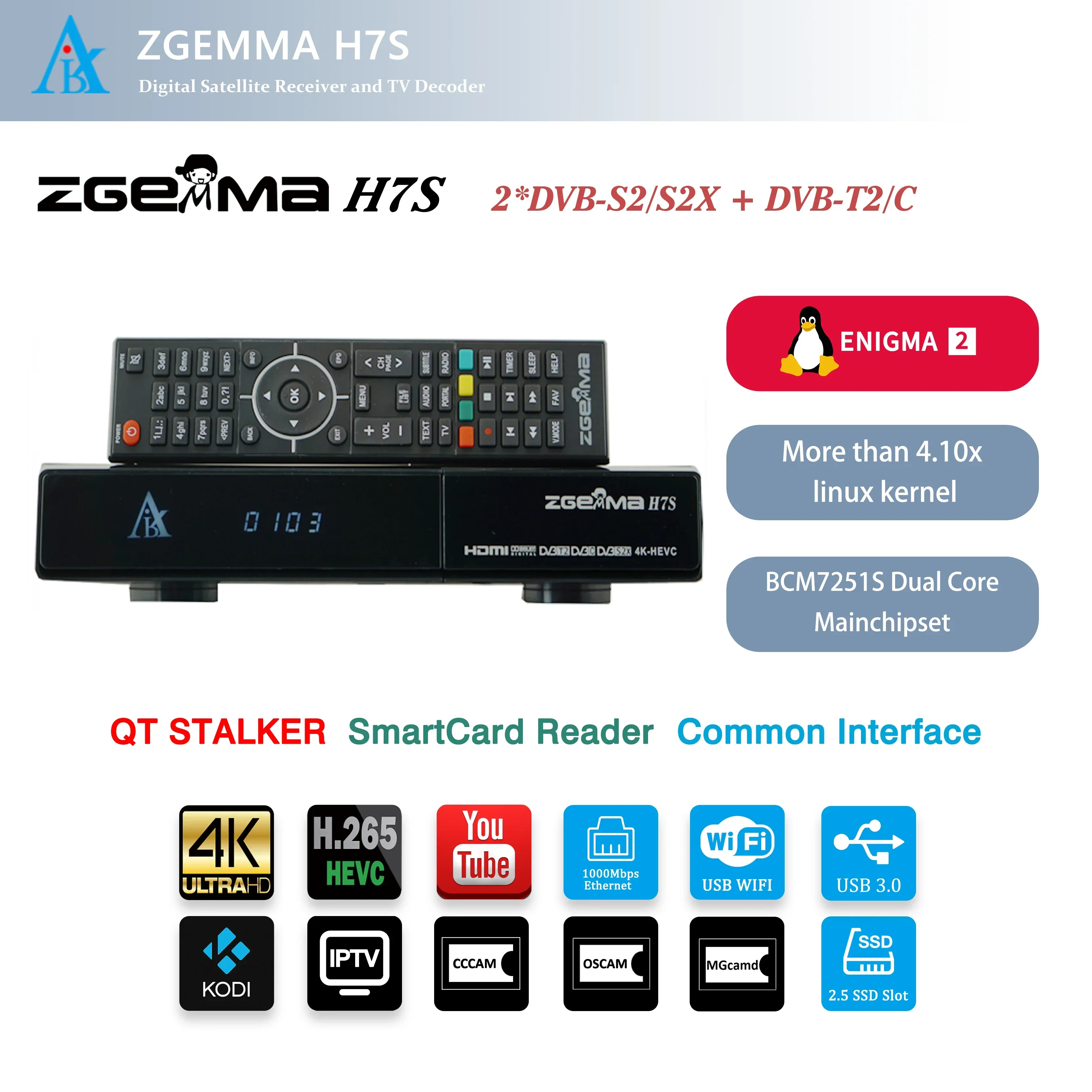 2026 Premium  4K UHD Satellite Receiver with Enigma2 Linux OS 2*DVB-S2/S2X + DVB-T2/C Tuners CA +CI Stalker ZGEMMMA H7S