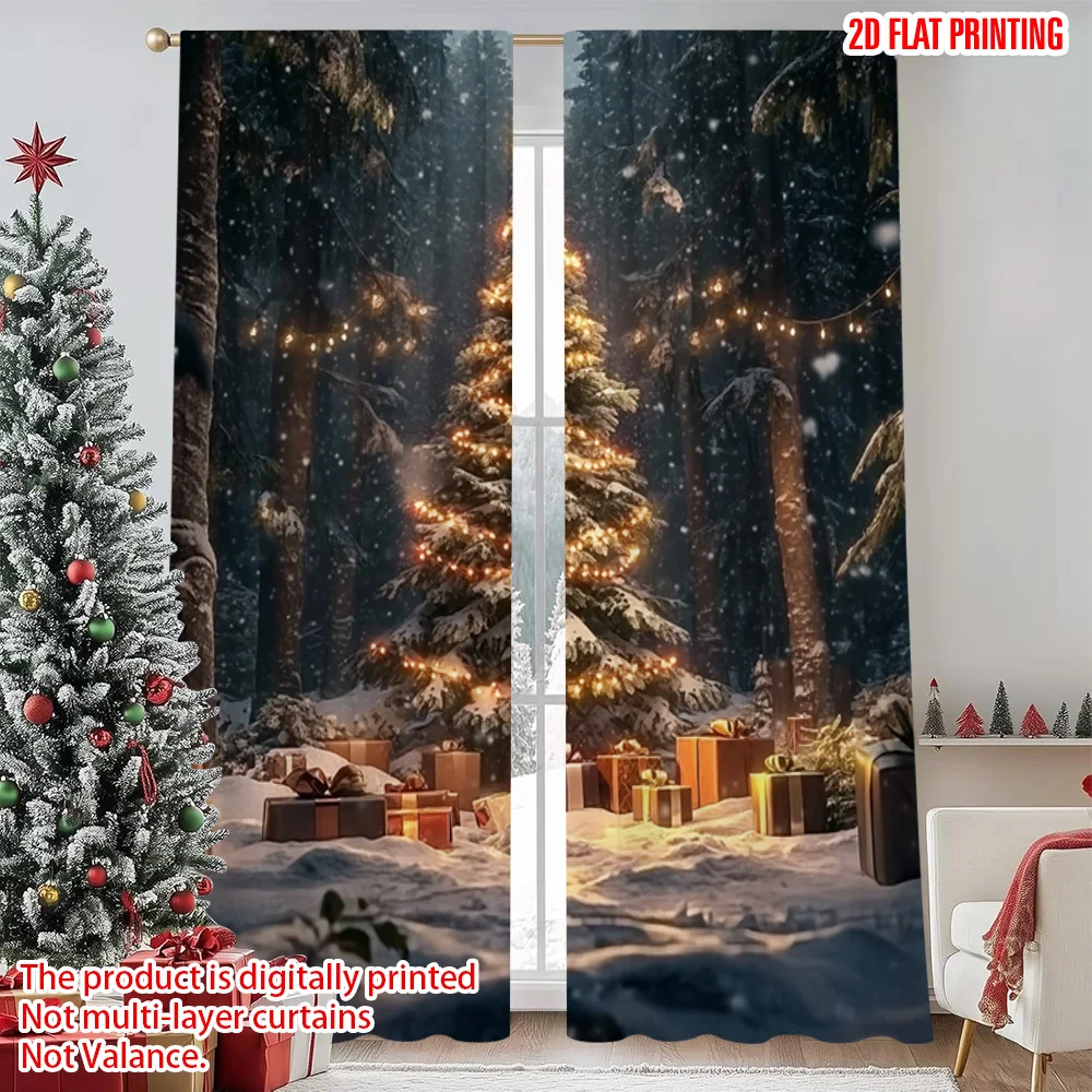 

2pcs 2D flat printing Christmas Scene Curtain christmas trees6 Versatile Fabric Without Electricity Family Party for Holiday