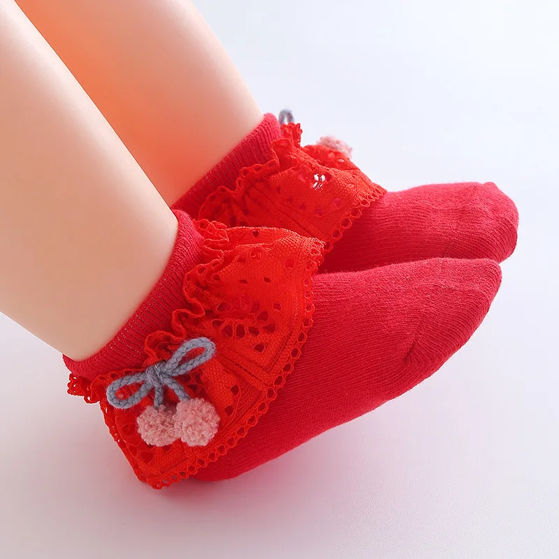 New Baby Socks Simple Fashion Bow Cherry Lace Spring and Autumn Soft and Comfortable 0-2 Years Old Girls Socks