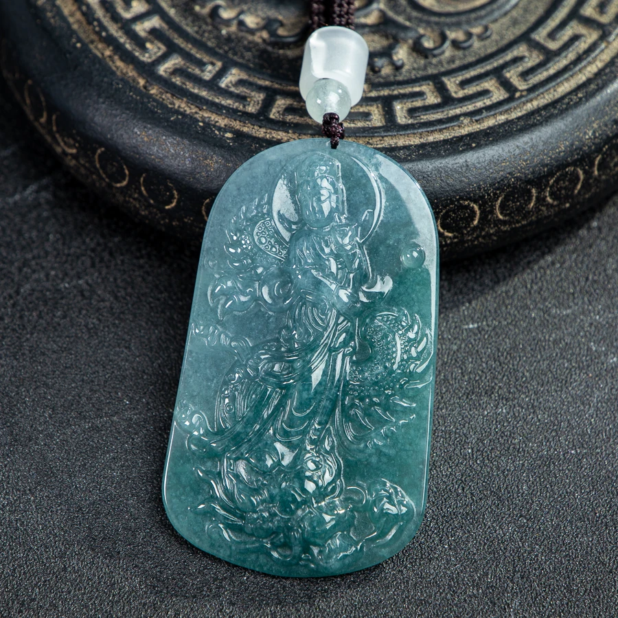 

TIMESWIND Light Blue Natural A-type Jade Dragon Guanyin Men Authentic Necklace with Certificate
