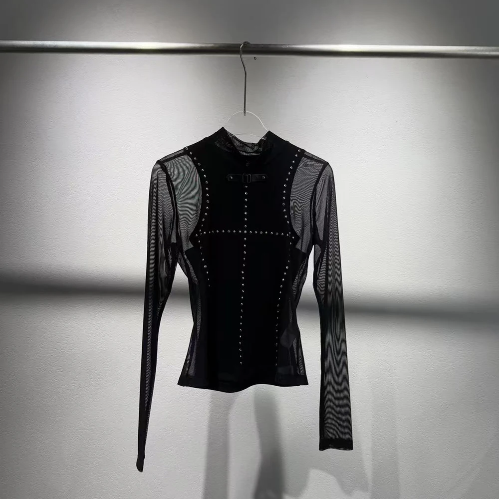 

Женская футболка с сетчатой вставкой Y2K, заклепки и стразы с кожаной пряжкой, элегантные футболки с круглым вырезом и длинными рукавами, осень 2021, новинка