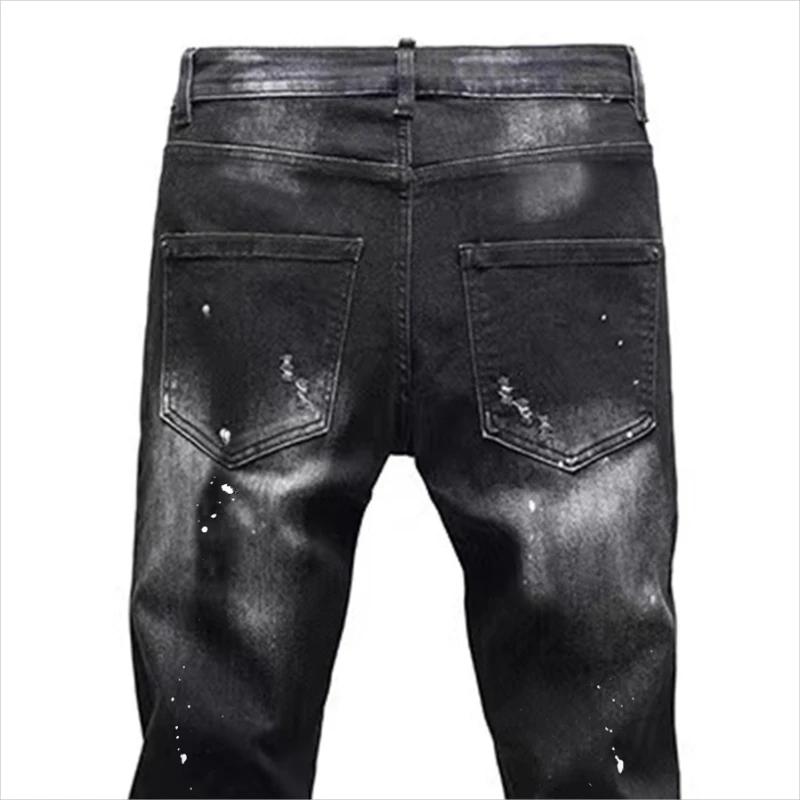 Vintage Washed Distressed Denim Jeans Men Paint Splatter Ripped Slim Fit Biker Trousers Street Style Hip Hop Pants for Guys - view 5