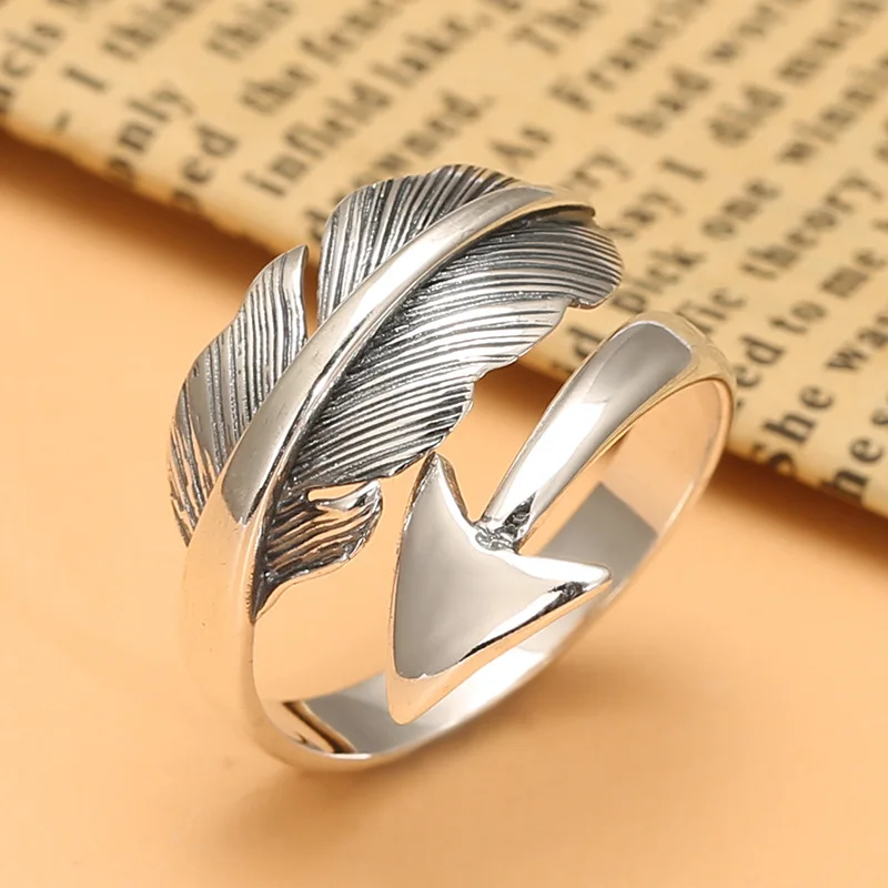 

S925 silver ring for women japanese and korean ins style arrow feather shape arrow ring thai silver distressed retro decoration