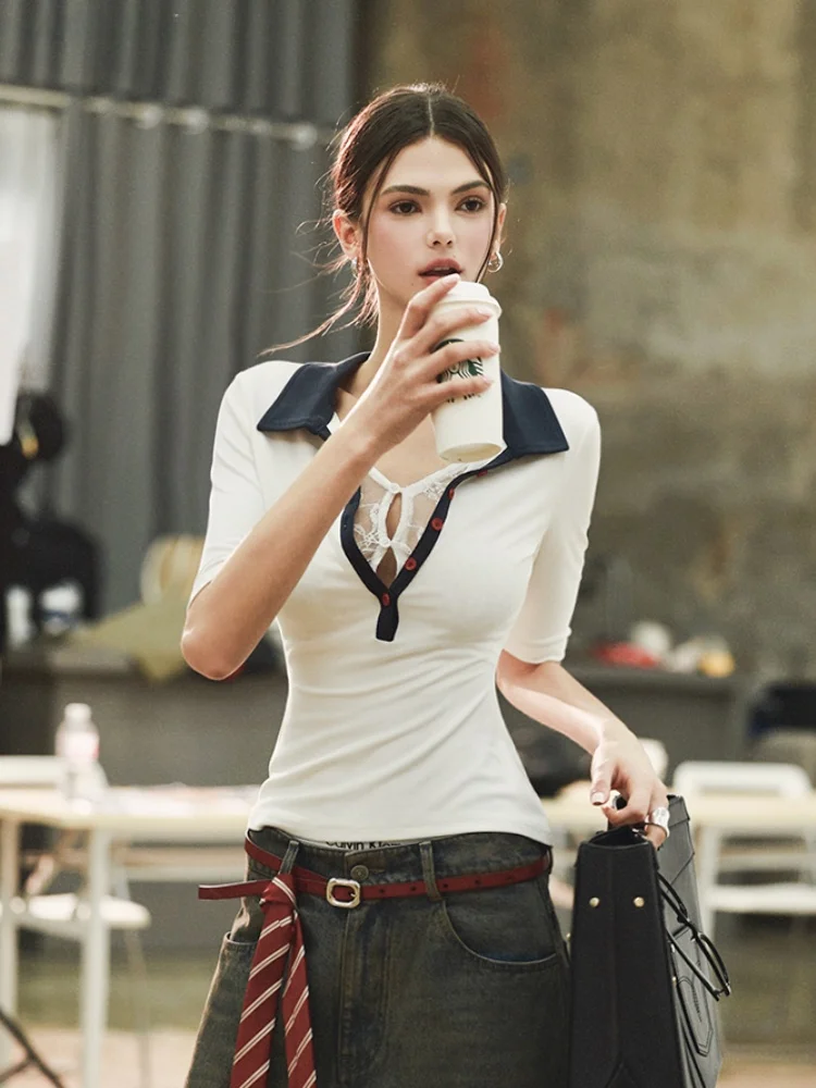 

Cool Sensation Lace Five-Quarter Sve Fake Two-Piece Ne Summer High Pure Desire Tennis Sle Women's T-irt BulletNini