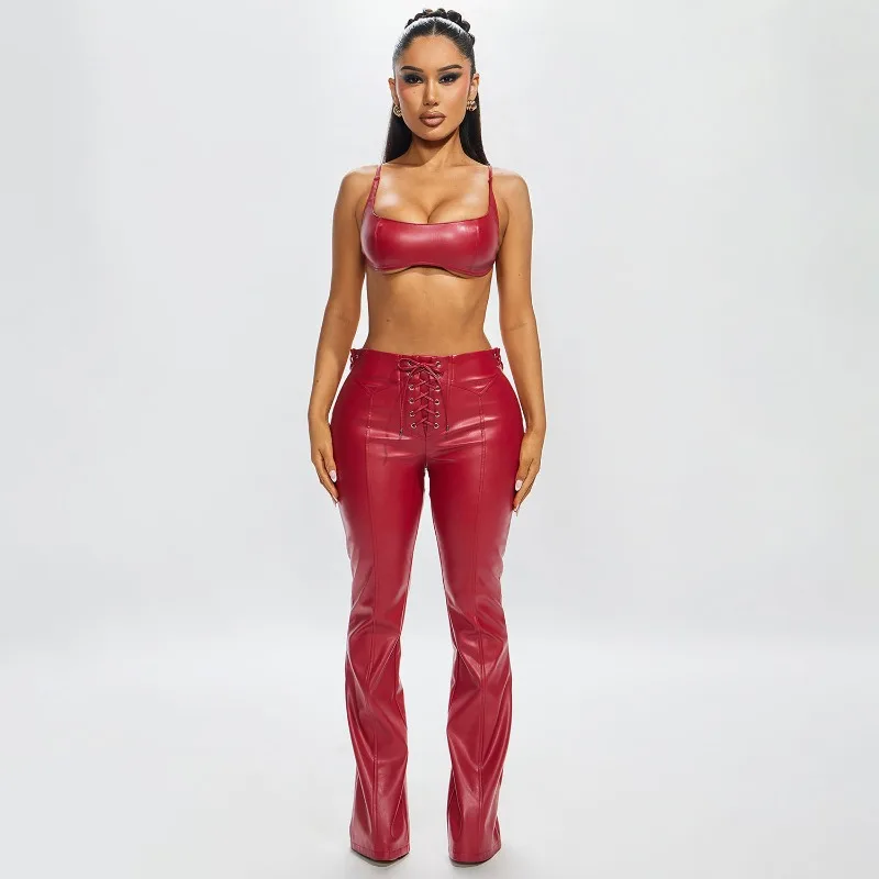 

Fashion PU Leather 2 Piece Set Women Lace Up Backless Camis Crop Tops + Grommet Flare Pants Sexy Clubwear Suit Casual Streetwear