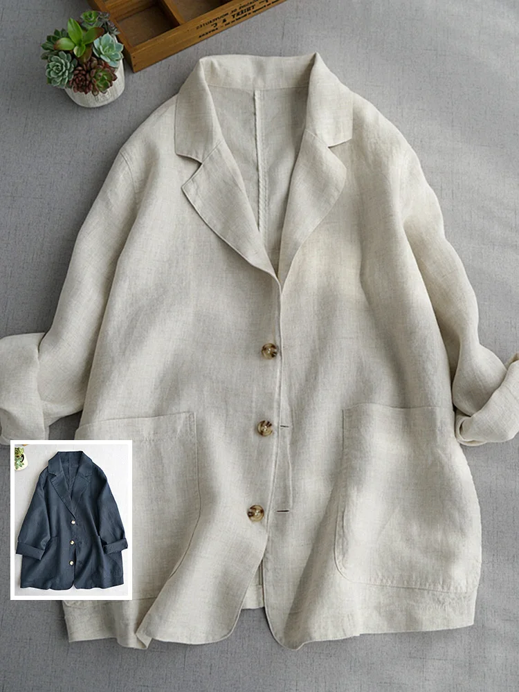 

Slim Fit Long Sve Cotton Linen Blend Coat with kets Spring Summer Lightweight Women's plus Size Faion Outerwear