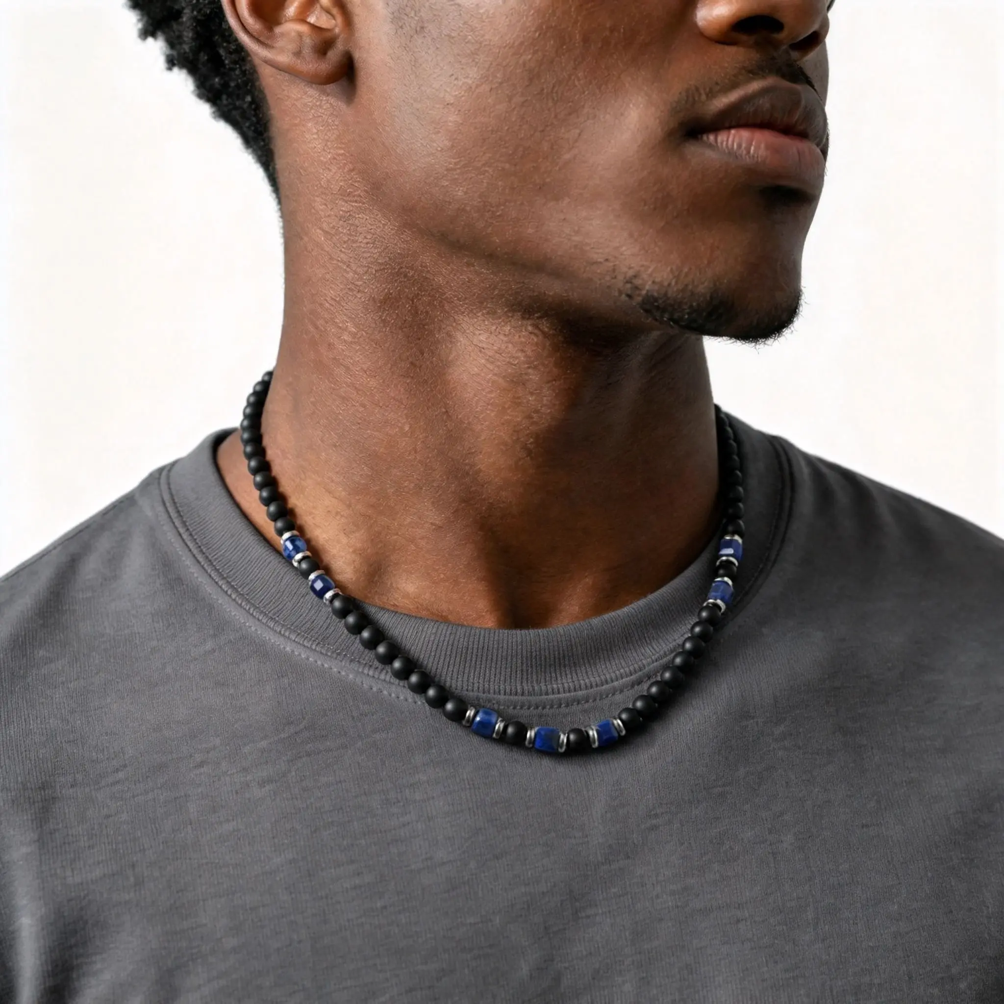 Stylish Men's Natural Stone Beaded Necklace,Black Agate Lapis Beads Collars,Vintage Punk Jewelry Gift for Him