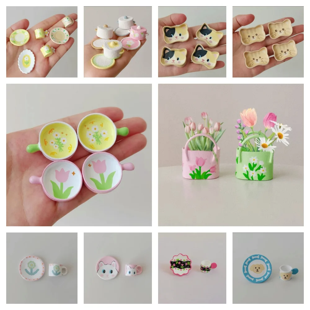 

Doll House Handmade Miniature Painted Cup Dinner Plate Pineapple Flower Animal Cartoon Cup Plate Model Mini Cute Flower Basket