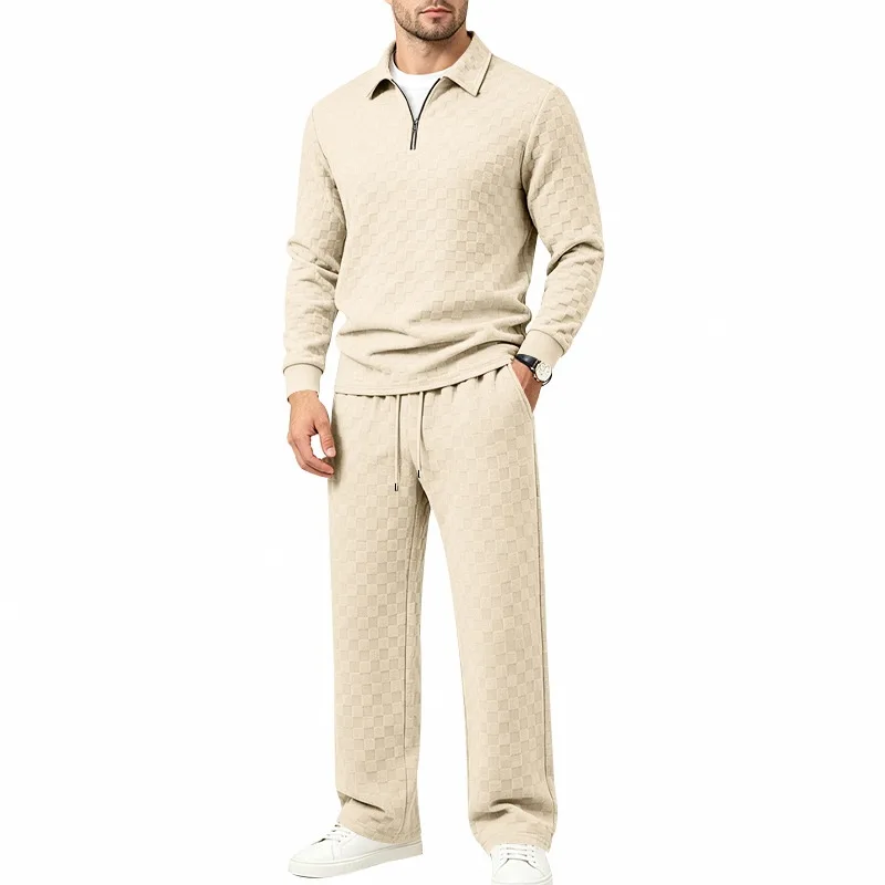 Men's Jacquard Checkerboard Casual Suit, Half Zipper Lapel Long Sleeve Straight Sweatpants Two-piece Set