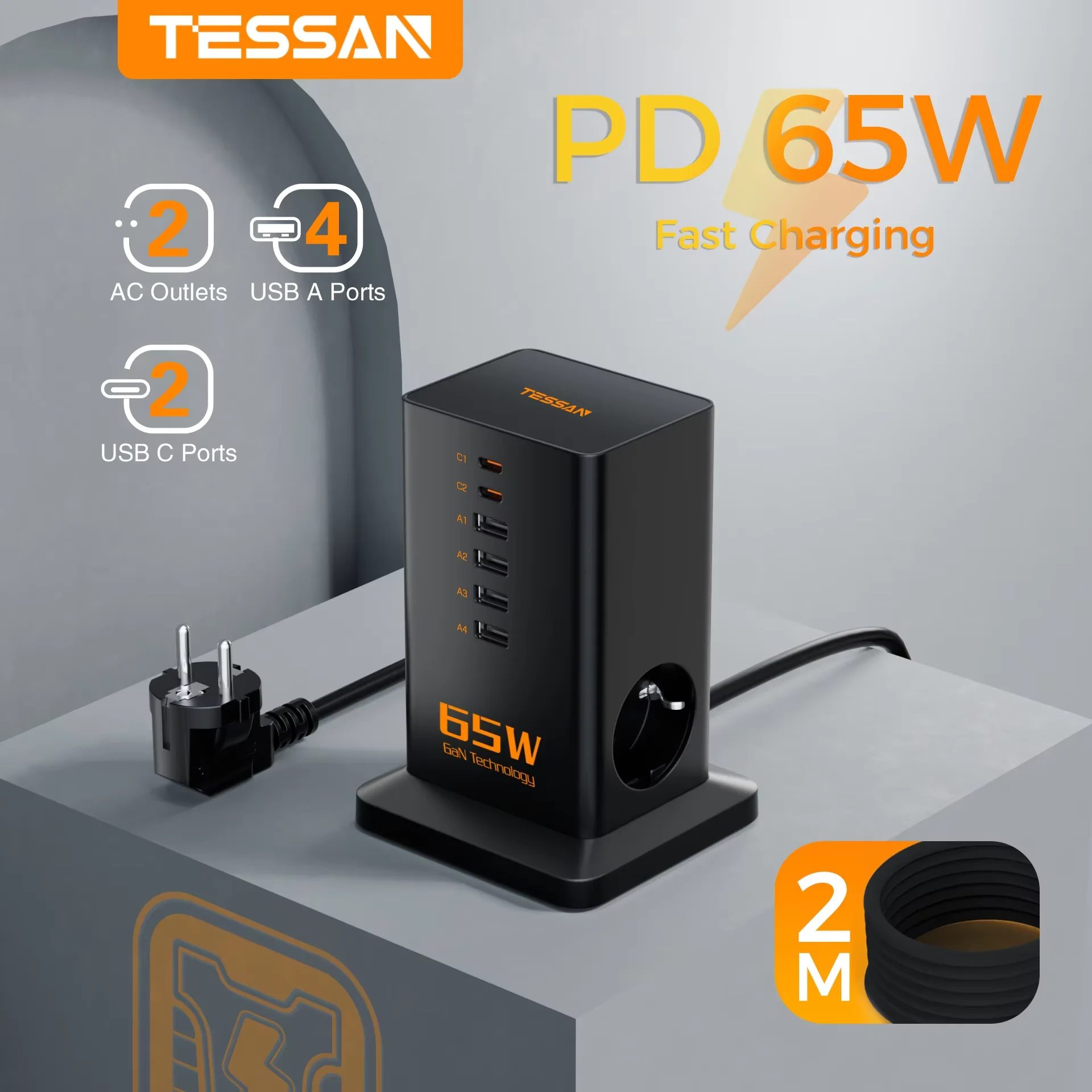 TESSAN PD 65W Fast Charging Power Strip GaN Tower Power Socket with 6 USB Ports 2 AC EU Plug Charging Station for Phone Pad Desk