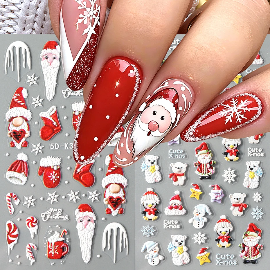 2pcs 5D Embossed Christmas Nail Stickers Santa Claus Penguin Snowman Snowflake Design Nail Art Decals Decoration Winter Manicure