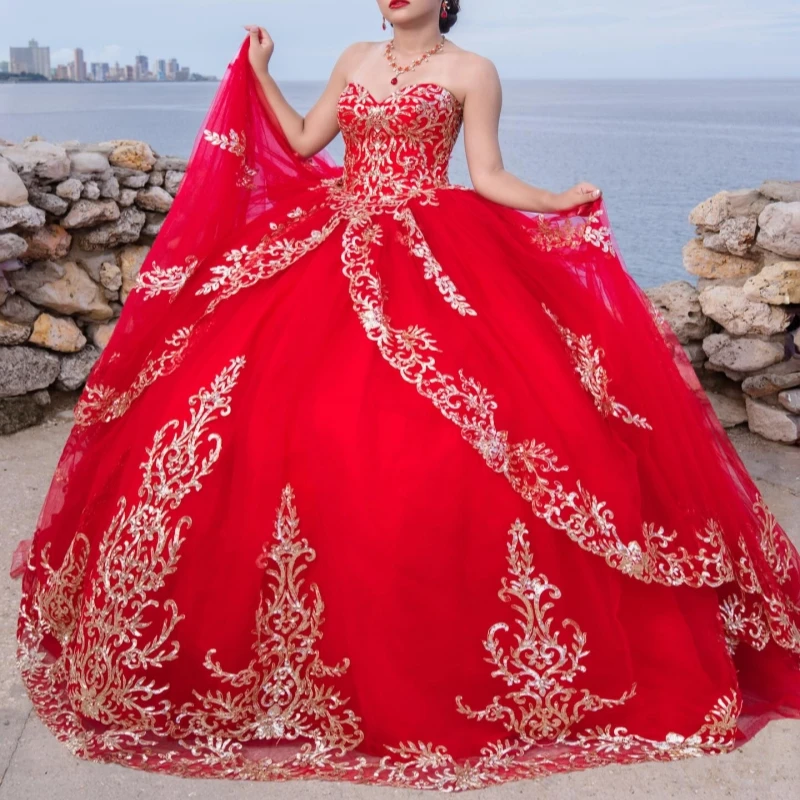 

Red Quinceanera Dresses Off The Shoulder Applique Lace Beads Tull Corset Party Birthday Sweet 16 Dress Vestidos 15 De Anos