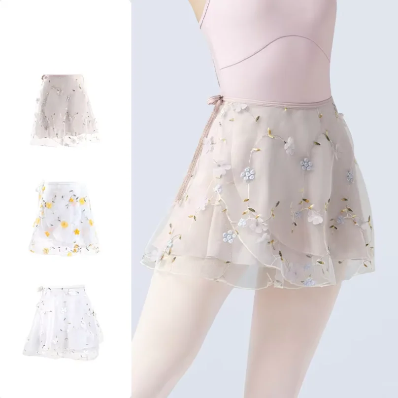 

Women Ballet Skirts Embroidery Floral Mini Wrap Short Dance Skirts 2 Layers Adult Big Girl Dancewear Performance Ballet Costumes