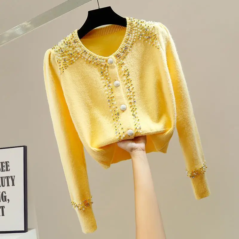 

Women's 2024 Nail Bead Studded Diamond Round Neck Single Breasted Short Sweater Cardigan Design Sense Temperament Versatile Top