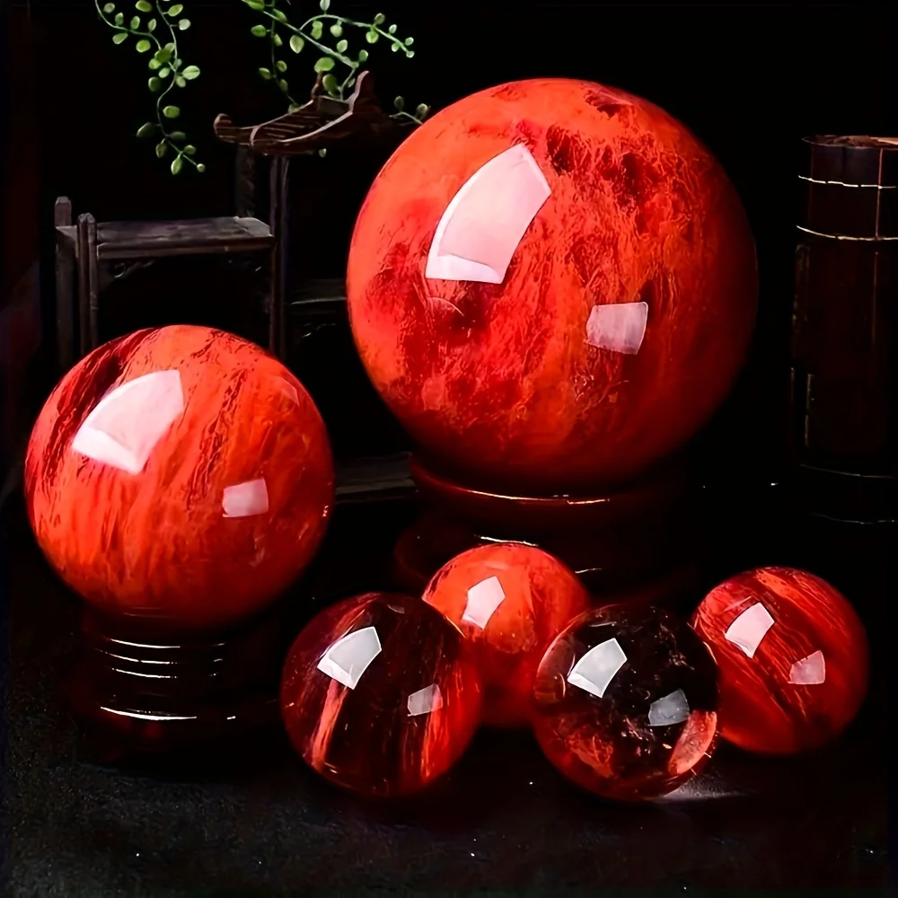 1pc Red Quartz Crystal Sphere – Translucent Marbled Design with Natural Red & Orange Tones, Smooth Polished Finish, Ideal for Ho view 2