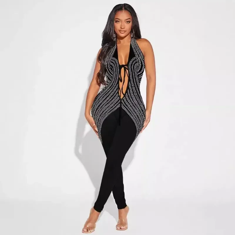 GUWU Women Diamonds Hot Rhinestones Patchwork Sexy Halter Backless Jumpsuits Streetwear Party Club One Piece Overall Rompers