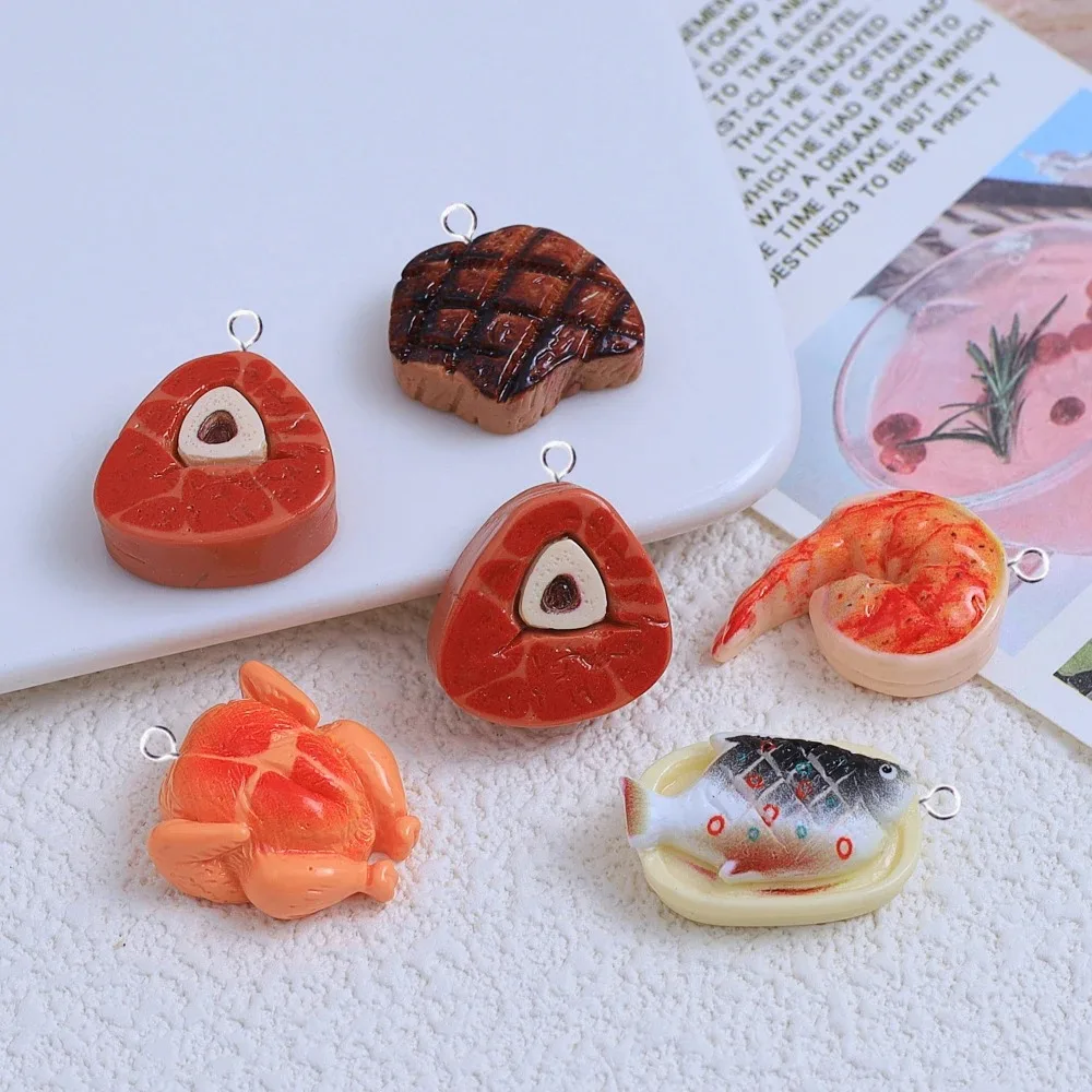 10 قطعة جميل الراتنج لحوم البقر شريحة لحم الدجاج المشوي دلايات لصنع المجوهرات النتائج الأسماك الروبيان الذيل المعلقات Charm بها بنفسك أقراط #2