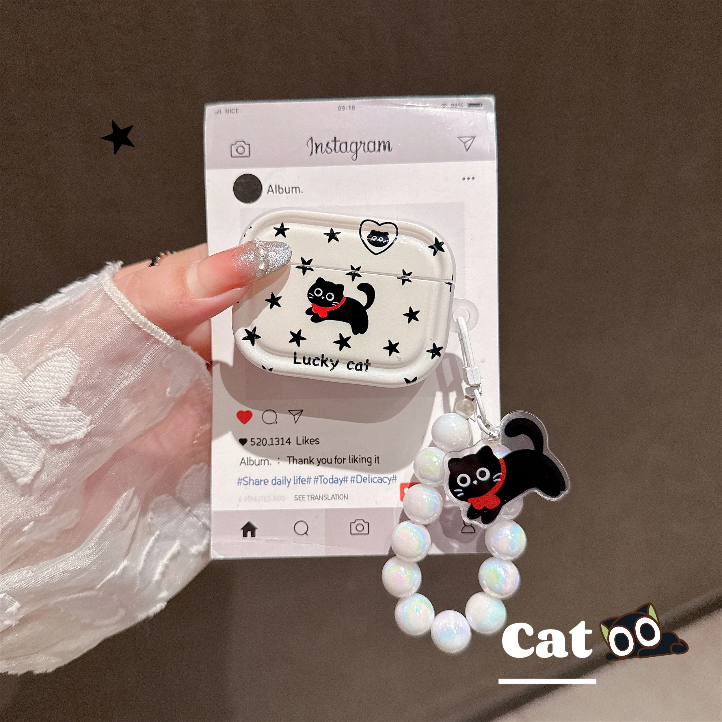 

INS Style Little Black Cat Star Pearl Lanyard Earphone Case Cute Creative Anti Drop Suitable For AirPods 1 2 3 4 Pro Pro2