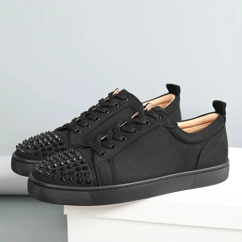 big size mens casual stage nightclub rivets shoes lace-up cow suede leather flats studded shoe black designer spikes footwear