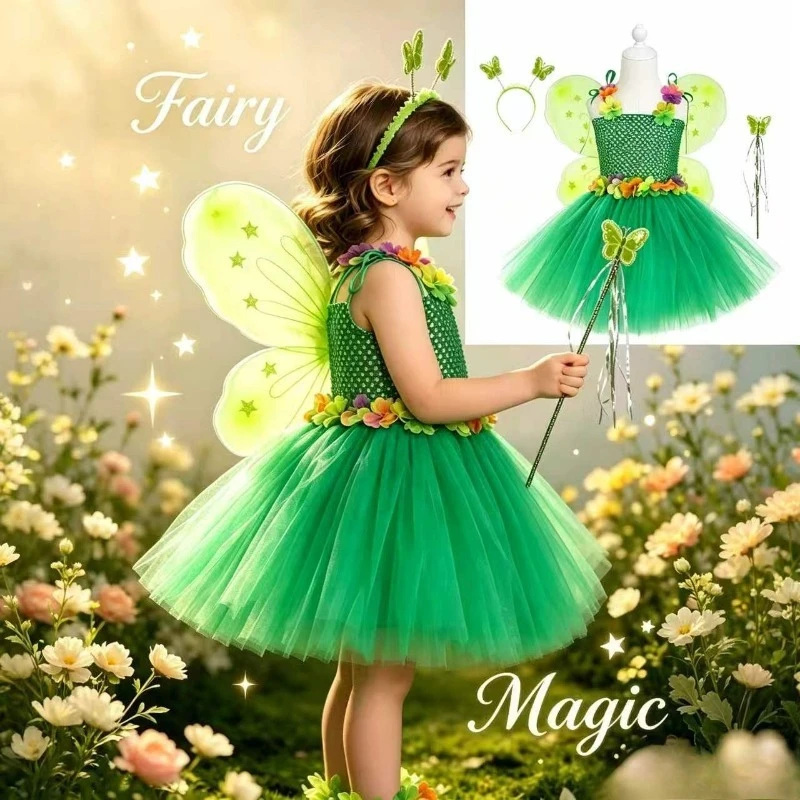 

Fairy Elf Floral Tutu Dress Set With Elegant Wings Dreamy Princess Look Carnival Holiday Birthday Party Stage Cosplay Outfit