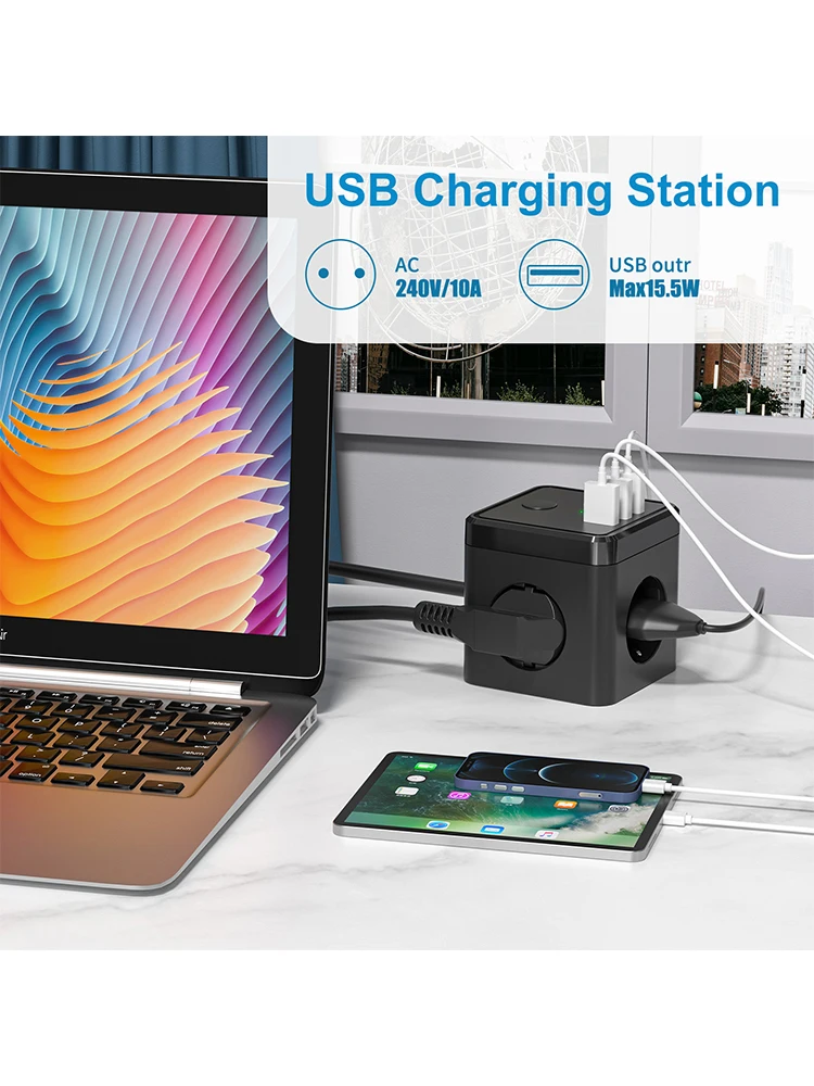 Cube Multiple Socket With USB Fast Charging Port,3-way Socket With Switch, 2 Euro And 1 Schuko Socket for Home Bedroom Office