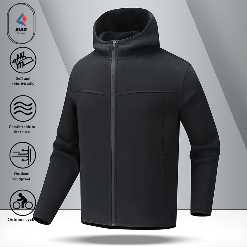 EIAO 2025 Mens Fleece Lined Stand Collar Jacket Premium Velvet Zip Hoodie Thickened Warm Coat Casual Streetwear Tech Outerwear