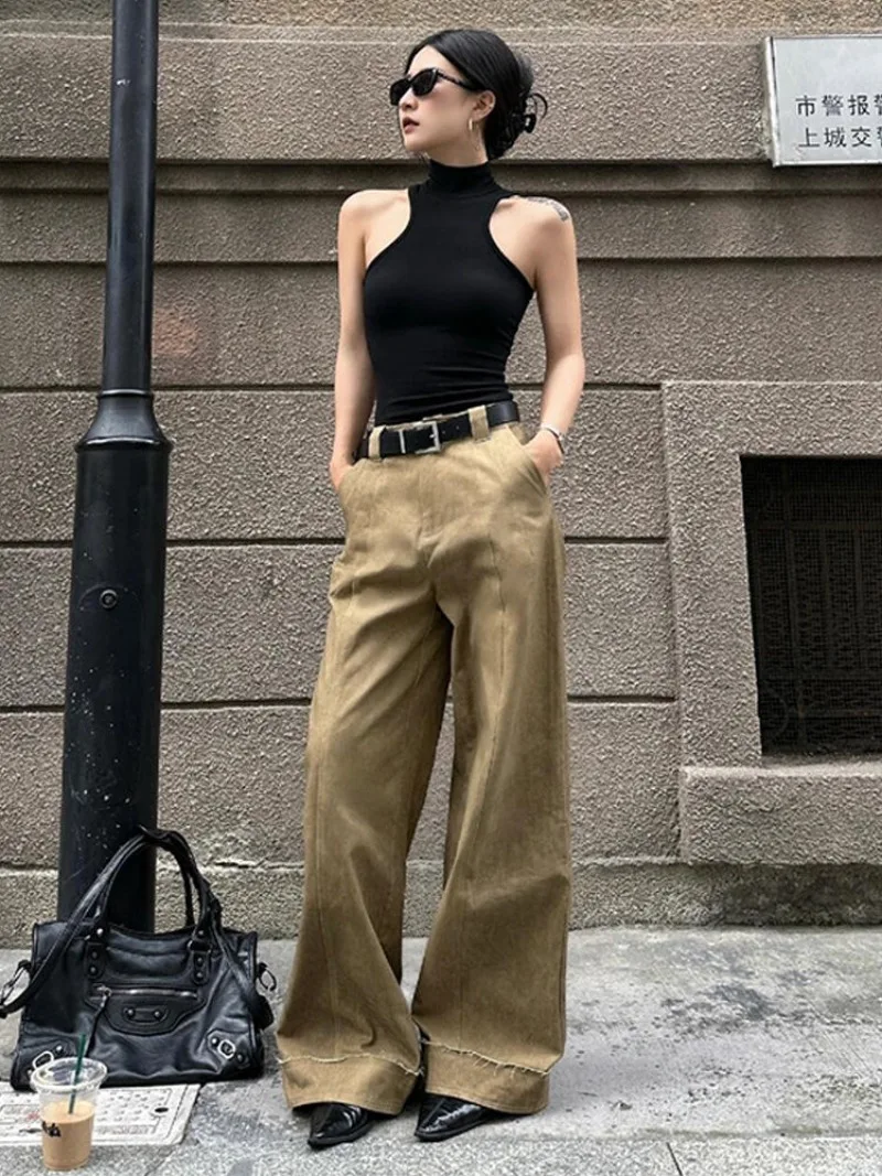 American Fashion Simple Khaki Casual Pants Women Y2K High Street Retro Loose Harajuku Street High Waist Straight Trousers