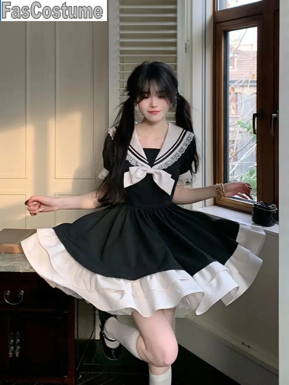 ชุดสีดําผู้หญิงโบว์ญี่ปุ่นน่ารัก Lolita ผู้หญิงหวานลูกไม้พัฟแขนนักเรียนชุดปาร์ตี้ SAILOR COLLAR Kawaii ชุด